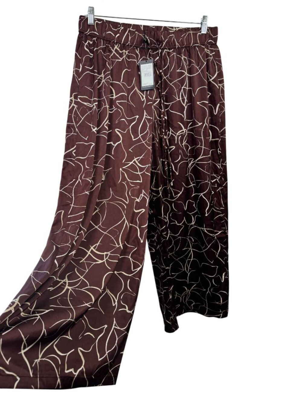 NEW Adrianna Papell Satin Burgundy Abstract Drawstring Wide Leg Pants Womens XL